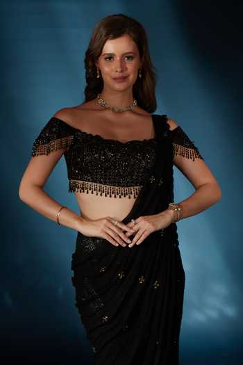 Buy_Saaj By Ankita_Black Georgette Off-shoulder Pre-draped Saree With Blouse _Online_at_Aza_Fashions