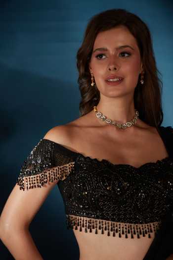 Shop_Saaj By Ankita_Black Georgette Off-shoulder Pre-draped Saree With Blouse _Online_at_Aza_Fashions