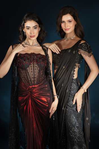 Saaj By Ankita_Black Georgette Off-shoulder Pre-draped Saree With Blouse _at_Aza_Fashions