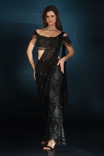 Buy_Saaj By Ankita_Black Georgette Off-shoulder Pre-draped Saree With Blouse 