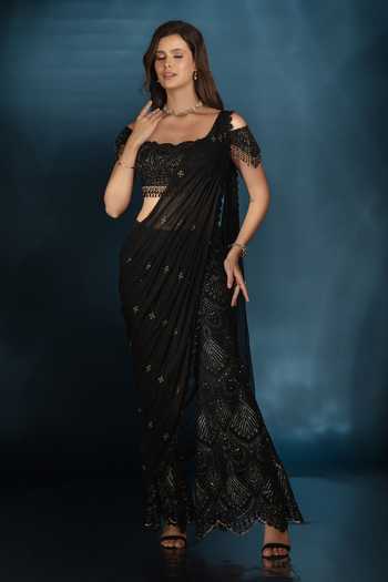 Shop_Saaj By Ankita_Black Georgette Off-shoulder Pre-draped Saree With Blouse 
