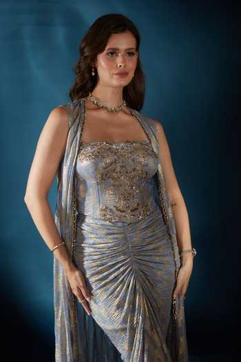 Buy_Saaj By Ankita_Blue Knit Embroidery, Sequins, Crystals Square Neck Cape Skirt Set _Online_at_Aza_Fashions