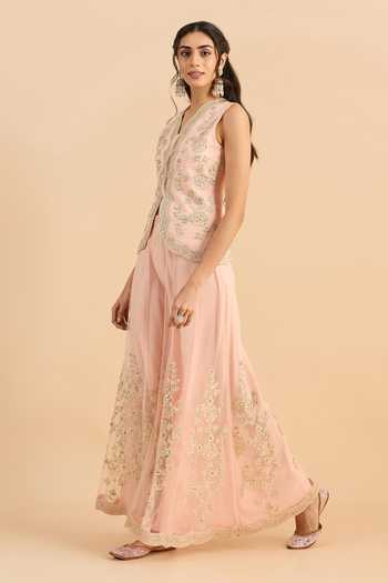 Roohbyridhimaa_Pink Net Split V-neck Eva Embroidered Waistcoat And Pant Co-ord Set _Online_at_Aza_Fashions