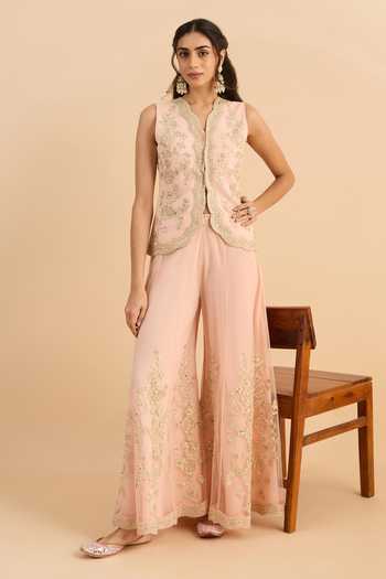 Buy_Roohbyridhimaa_Pink Net Split V-neck Eva Embroidered Waistcoat And Pant Co-ord Set _Online_at_Aza_Fashions