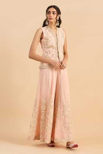 Shop_Roohbyridhimaa_Pink Net Split V-neck Eva Embroidered Waistcoat And Pant Co-ord Set _Online_at_Aza_Fashions
