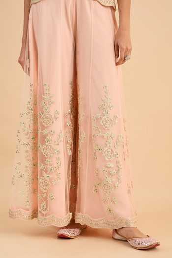 Roohbyridhimaa_Pink Net Split V-neck Eva Embroidered Waistcoat And Pant Co-ord Set _at_Aza_Fashions