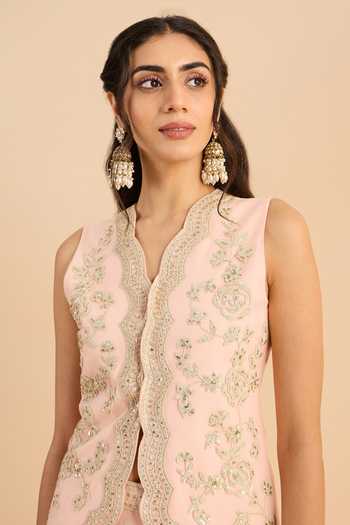 Buy_Roohbyridhimaa_Pink Net Split V-neck Eva Embroidered Waistcoat And Pant Co-ord Set 