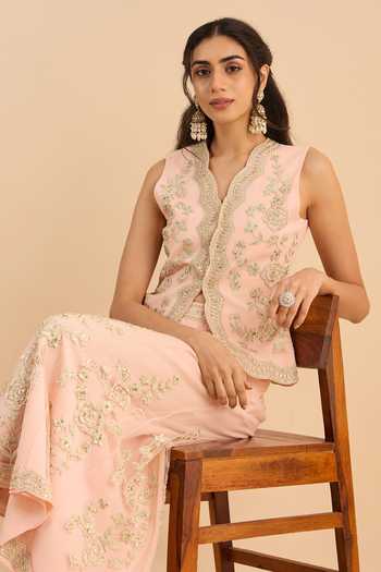 Shop_Roohbyridhimaa_Pink Net Split V-neck Eva Embroidered Waistcoat And Pant Co-ord Set 