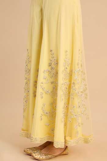 Roohbyridhimaa_Yellow Net V-neck Eva Waistcoat And Flared Pant Co-ord Set _Online_at_Aza_Fashions