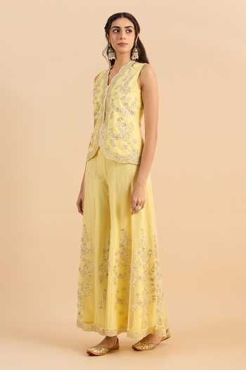 Buy_Roohbyridhimaa_Yellow Net V-neck Eva Waistcoat And Flared Pant Co-ord Set _Online_at_Aza_Fashions