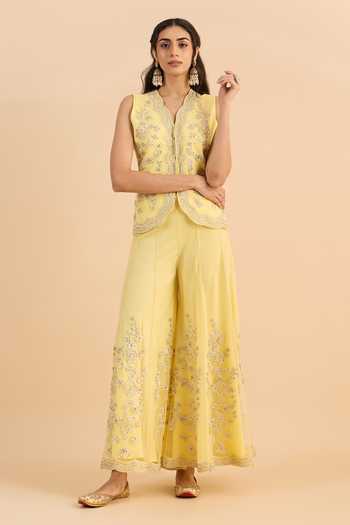 Shop_Roohbyridhimaa_Yellow Net V-neck Eva Waistcoat And Flared Pant Co-ord Set _Online_at_Aza_Fashions