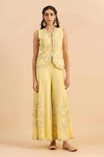 Shop_Roohbyridhimaa_Yellow Net V-neck Eva Waistcoat And Flared Pant Co-ord Set 