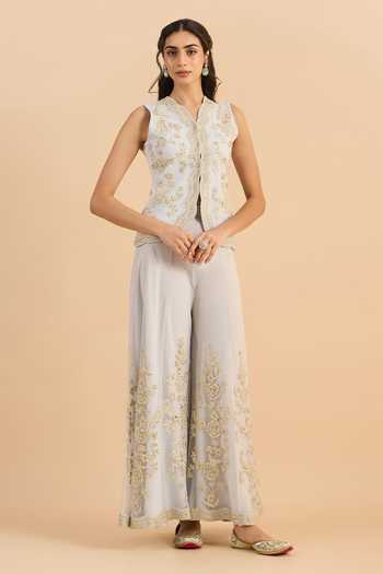 Roohbyridhimaa_Blue Net Split V-neck Eva Embroidered Waistcoat With Flared Pant _Online_at_Aza_Fashions