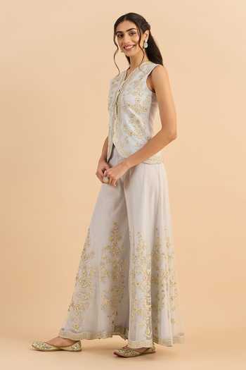 Buy_Roohbyridhimaa_Blue Net Split V-neck Eva Embroidered Waistcoat With Flared Pant _Online_at_Aza_Fashions