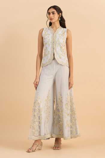 Shop_Roohbyridhimaa_Blue Net Split V-neck Eva Embroidered Waistcoat With Flared Pant _Online_at_Aza_Fashions