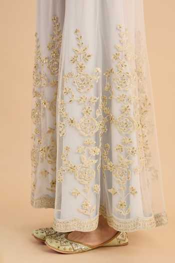 Roohbyridhimaa_Blue Net Split V-neck Eva Embroidered Waistcoat With Flared Pant _at_Aza_Fashions