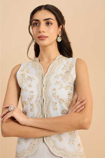 Buy_Roohbyridhimaa_Blue Net Split V-neck Eva Embroidered Waistcoat With Flared Pant 