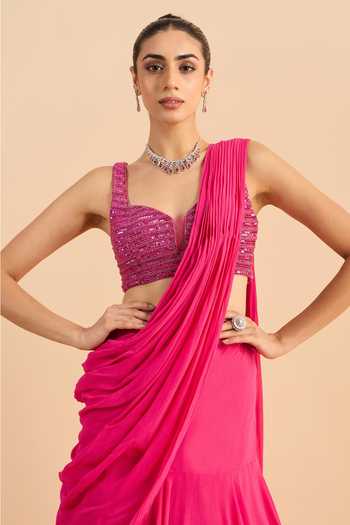 Roohbyridhimaa_Fuchsia Georgette Sweetheart Ziya Draped Lehenga Saree With Embroidered Blouse _Online_at_Aza_Fashions