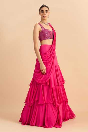 Buy_Roohbyridhimaa_Fuchsia Georgette Sweetheart Ziya Draped Lehenga Saree With Embroidered Blouse _Online_at_Aza_Fashions