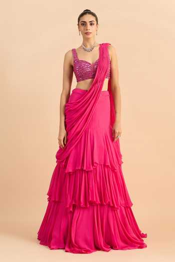 Shop_Roohbyridhimaa_Fuchsia Georgette Sweetheart Ziya Draped Lehenga Saree With Embroidered Blouse _Online_at_Aza_Fashions