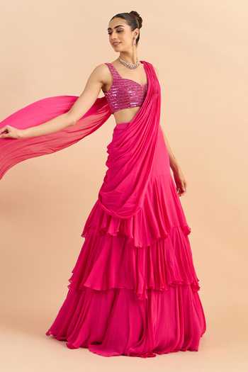 Roohbyridhimaa_Fuchsia Georgette Sweetheart Ziya Draped Lehenga Saree With Embroidered Blouse _at_Aza_Fashions