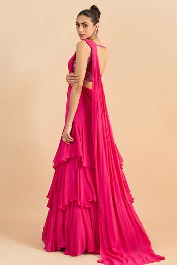 Buy_Roohbyridhimaa_Fuchsia Georgette Sweetheart Ziya Draped Lehenga Saree With Embroidered Blouse 