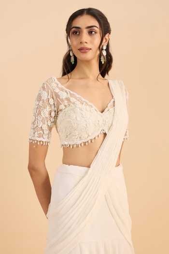 Roohbyridhimaa_White Georgette V-neck Amara Draped Lehenga Saree With Embroidered Blouse _Online_at_Aza_Fashions