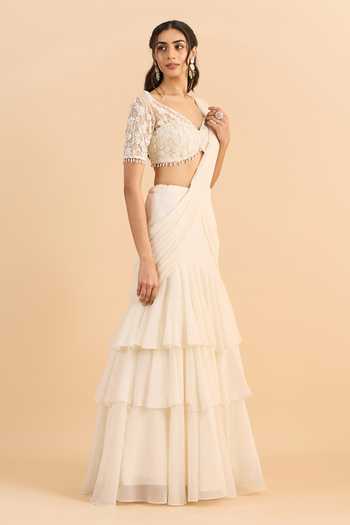 Buy_Roohbyridhimaa_White Georgette V-neck Amara Draped Lehenga Saree With Embroidered Blouse _Online_at_Aza_Fashions