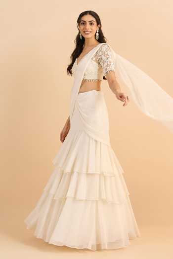 Shop_Roohbyridhimaa_White Georgette V-neck Amara Draped Lehenga Saree With Embroidered Blouse _Online_at_Aza_Fashions