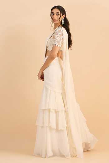 Roohbyridhimaa_White Georgette V-neck Amara Draped Lehenga Saree With Embroidered Blouse _at_Aza_Fashions