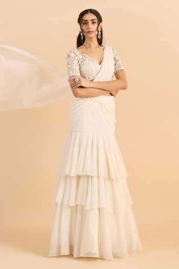 Buy_Roohbyridhimaa_White Georgette V-neck Amara Draped Lehenga Saree With Embroidered Blouse 