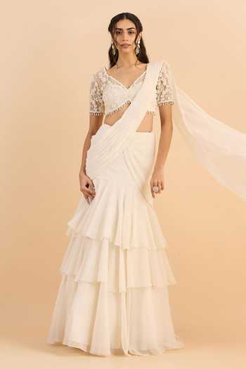 Shop_Roohbyridhimaa_White Georgette V-neck Amara Draped Lehenga Saree With Embroidered Blouse 