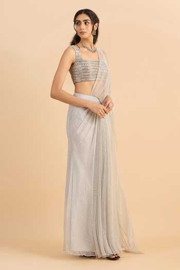 Roohbyridhimaa_Silver Net Square Neck Arian Pre-draped Saree With Embroidered Blouse _Online_at_Aza_Fashions
