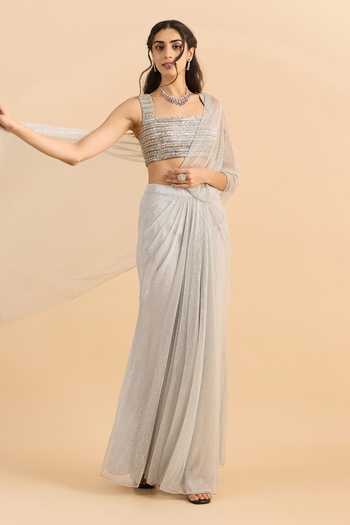 Buy_Roohbyridhimaa_Silver Net Square Neck Arian Pre-draped Saree With Embroidered Blouse _Online_at_Aza_Fashions