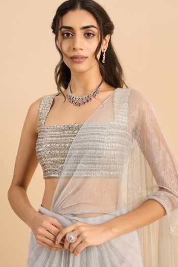 Shop_Roohbyridhimaa_Silver Net Square Neck Arian Pre-draped Saree With Embroidered Blouse _Online_at_Aza_Fashions