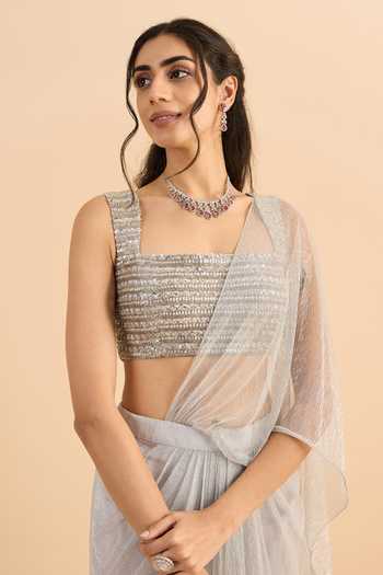 Roohbyridhimaa_Silver Net Square Neck Arian Pre-draped Saree With Embroidered Blouse _at_Aza_Fashions