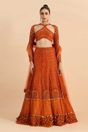Roohbyridhimaa_Orange Net Halter , Keyhole Sandstone Hand Embroidered Lehenga Set _Online_at_Aza_Fashions