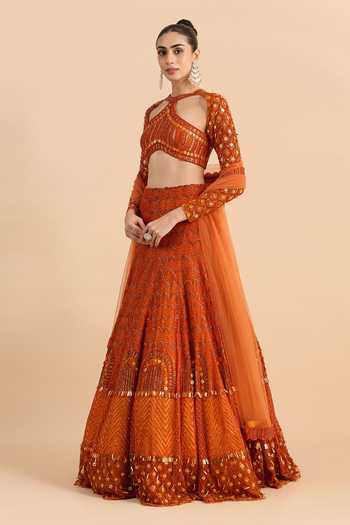 Buy_Roohbyridhimaa_Orange Net Halter , Keyhole Sandstone Hand Embroidered Lehenga Set _Online_at_Aza_Fashions