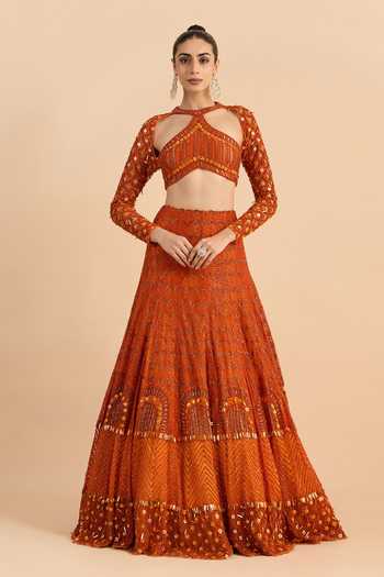 Shop_Roohbyridhimaa_Orange Net Halter , Keyhole Sandstone Hand Embroidered Lehenga Set _Online_at_Aza_Fashions