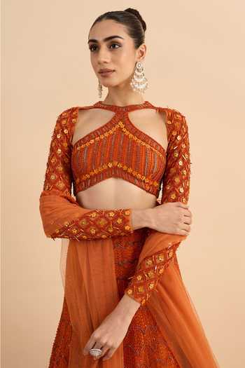 Roohbyridhimaa_Orange Net Halter , Keyhole Sandstone Hand Embroidered Lehenga Set _at_Aza_Fashions
