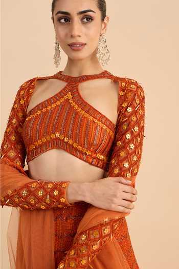 Buy_Roohbyridhimaa_Orange Net Halter , Keyhole Sandstone Hand Embroidered Lehenga Set 