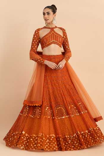 Shop_Roohbyridhimaa_Orange Net Halter , Keyhole Sandstone Hand Embroidered Lehenga Set 
