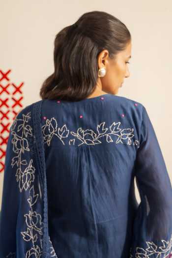 Radha Sharma_Blue Chanderi, Organza Embroidered Kurta Palazzo Set _Online_at_Aza_Fashions