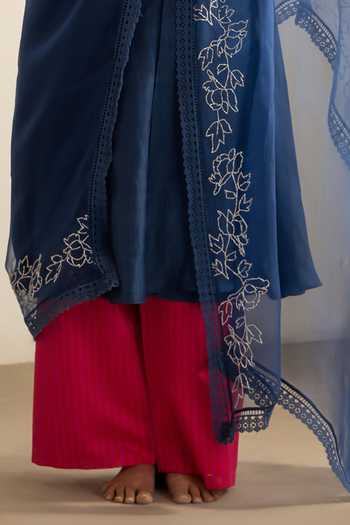Buy_Radha Sharma_Blue Chanderi, Organza Embroidered Kurta Palazzo Set _Online_at_Aza_Fashions