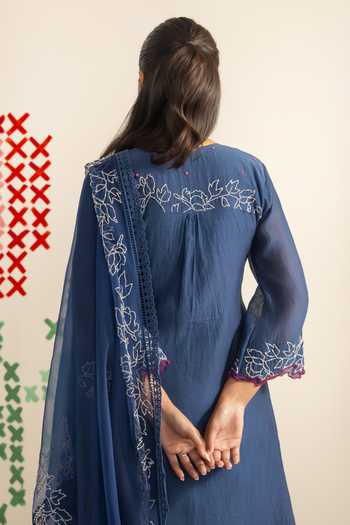Shop_Radha Sharma_Blue Chanderi, Organza Embroidered Kurta Palazzo Set _Online_at_Aza_Fashions