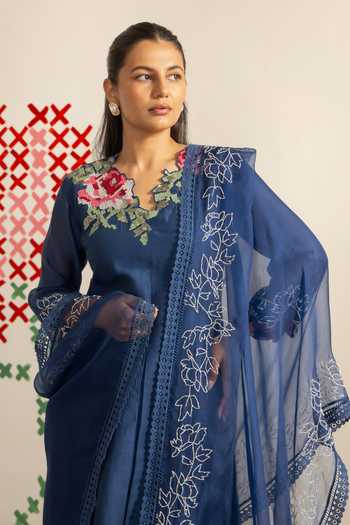 Buy_Radha Sharma_Blue Chanderi, Organza Embroidered Kurta Palazzo Set 