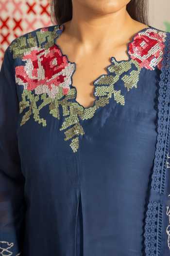 Shop_Radha Sharma_Blue Chanderi, Organza Embroidered Kurta Palazzo Set 