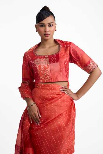 Naina Jain_Maroon Organza, Silk Square Neck Bandhani Saree With Blouse _Online_at_Aza_Fashions