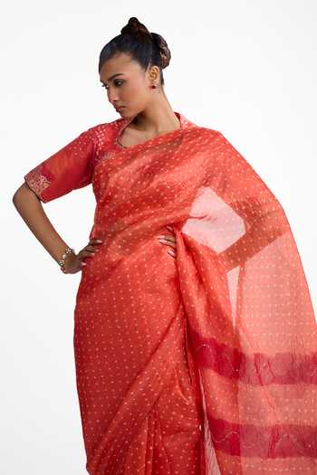 Shop_Naina Jain_Maroon Organza, Silk Square Neck Bandhani Saree With Blouse _Online_at_Aza_Fashions