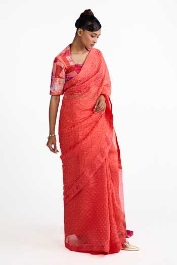 Naina Jain_Rust Organza, Silk Round Neck Bandhani Saree With Patchwork Blouse _Online_at_Aza_Fashions
